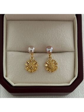 Gold Floral Pearl Earrings Sterling Silver Posts